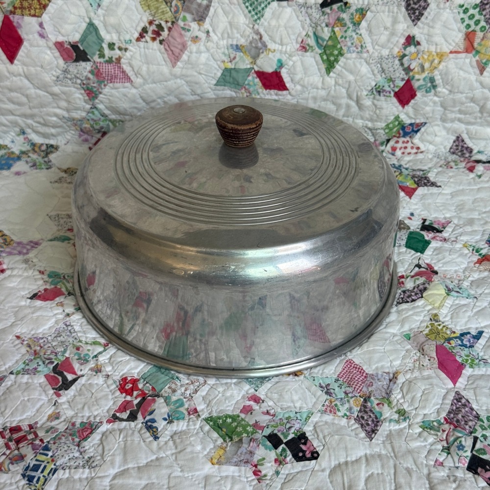 Vintage Spun Aluminum Cake Carrier Dome Cover with Wood Knob 10 Inch MCM Retro